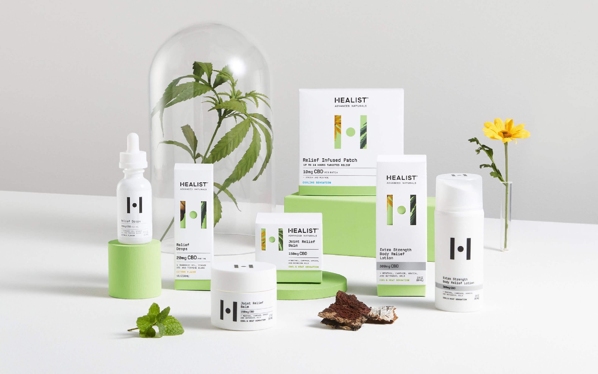 Healist cannabidiol CBD herbal health products pharmaceutical packaging design, balance of natural plants and modern science