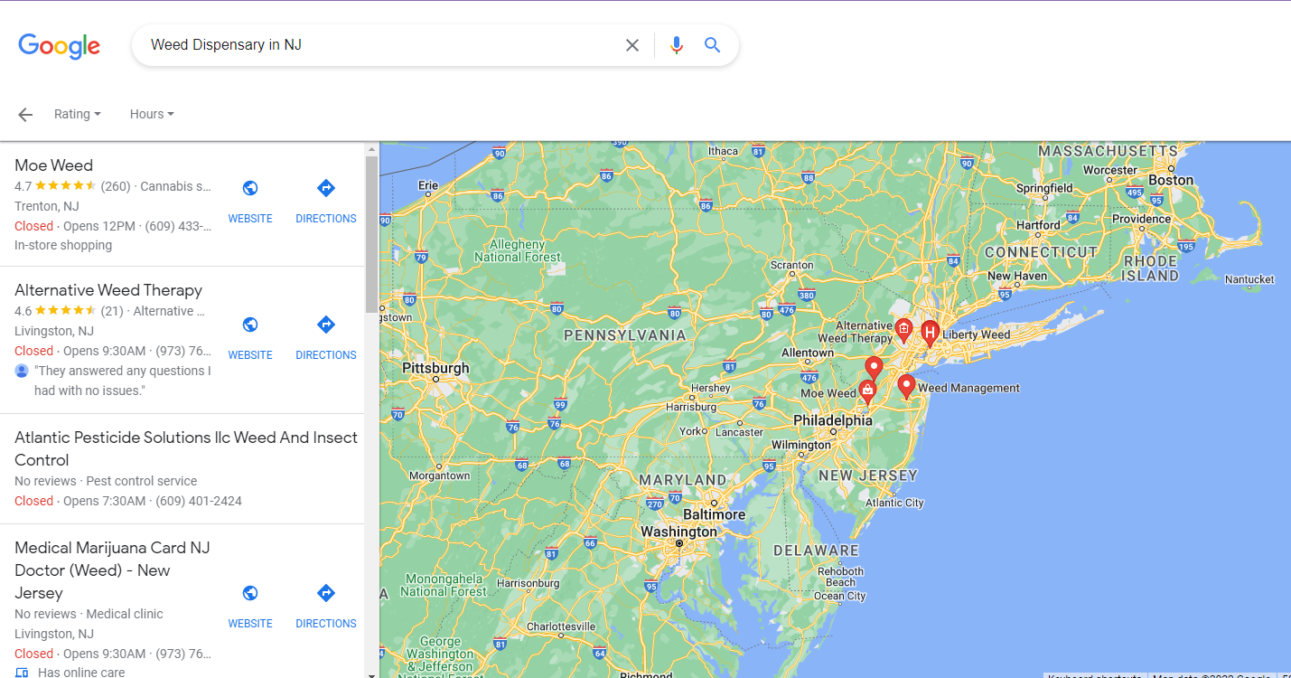 Weed Dispensaries in New Jersey on google map 