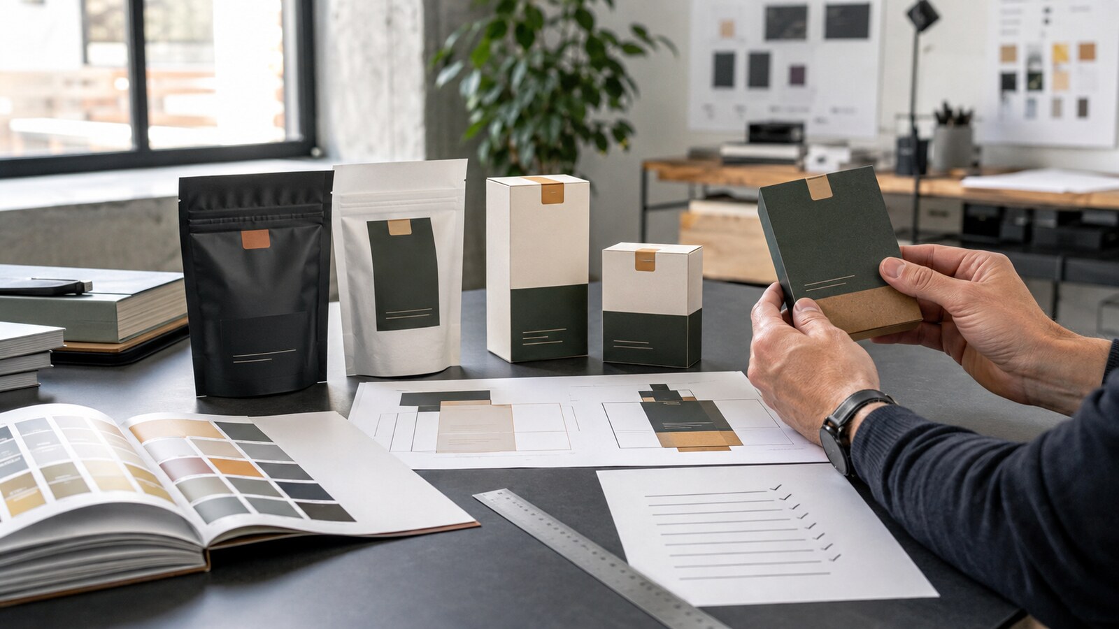 Packaging designer reviewing adult-oriented cannabis packaging concepts before printing