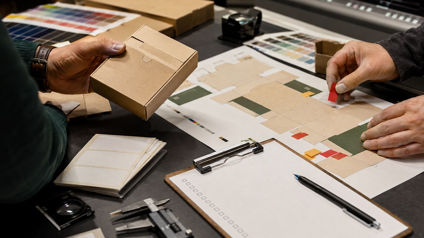 Packaging team checking a carton dieline and child-resistant prototype before print approval