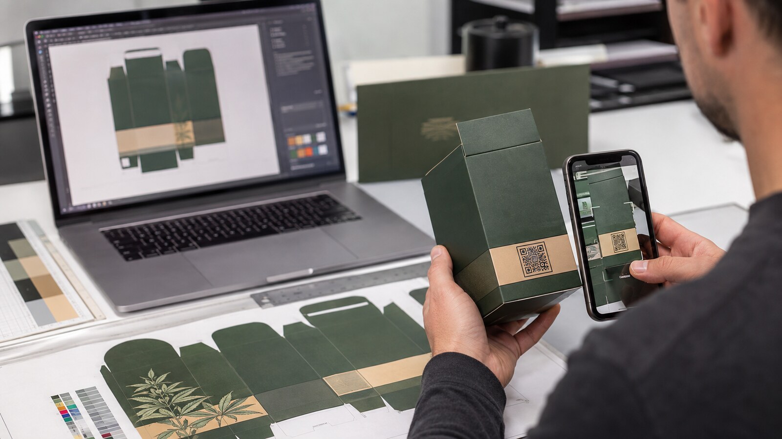 Packaging specialist scanning a QR code on a cannabis carton during prepress review