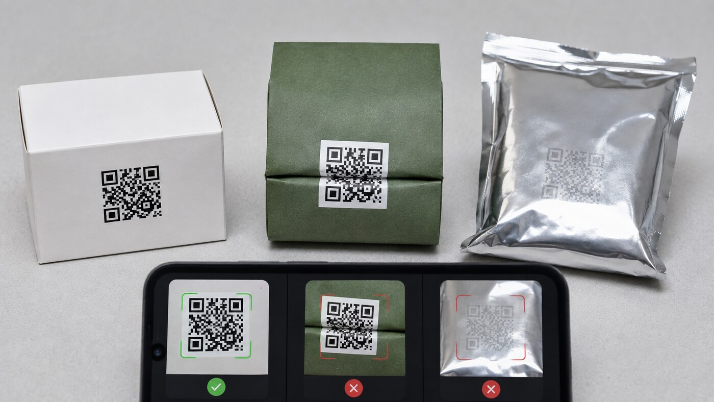 Comparison of a scannable QR code with codes distorted by a fold and reflective glare