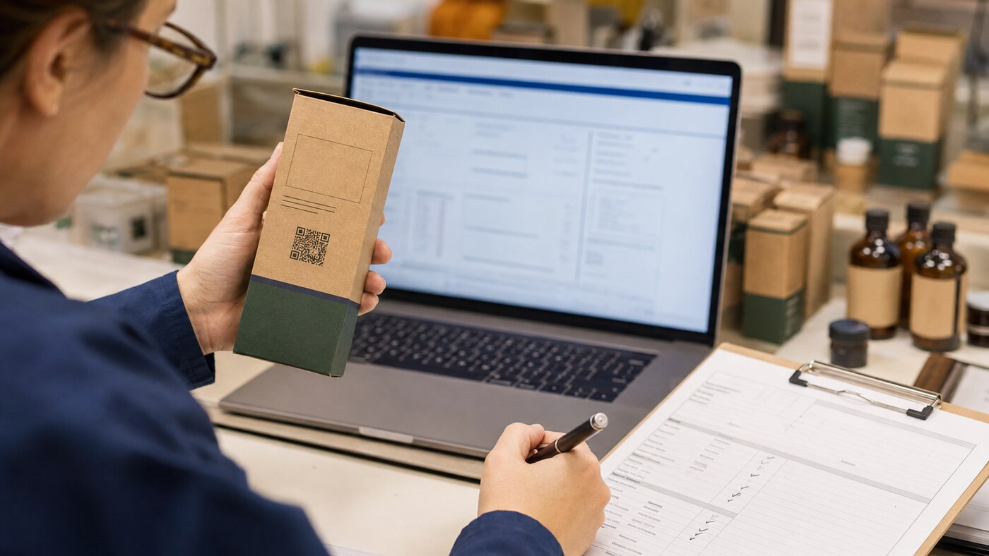 Quality specialist matching a package batch label and QR code to a laboratory record