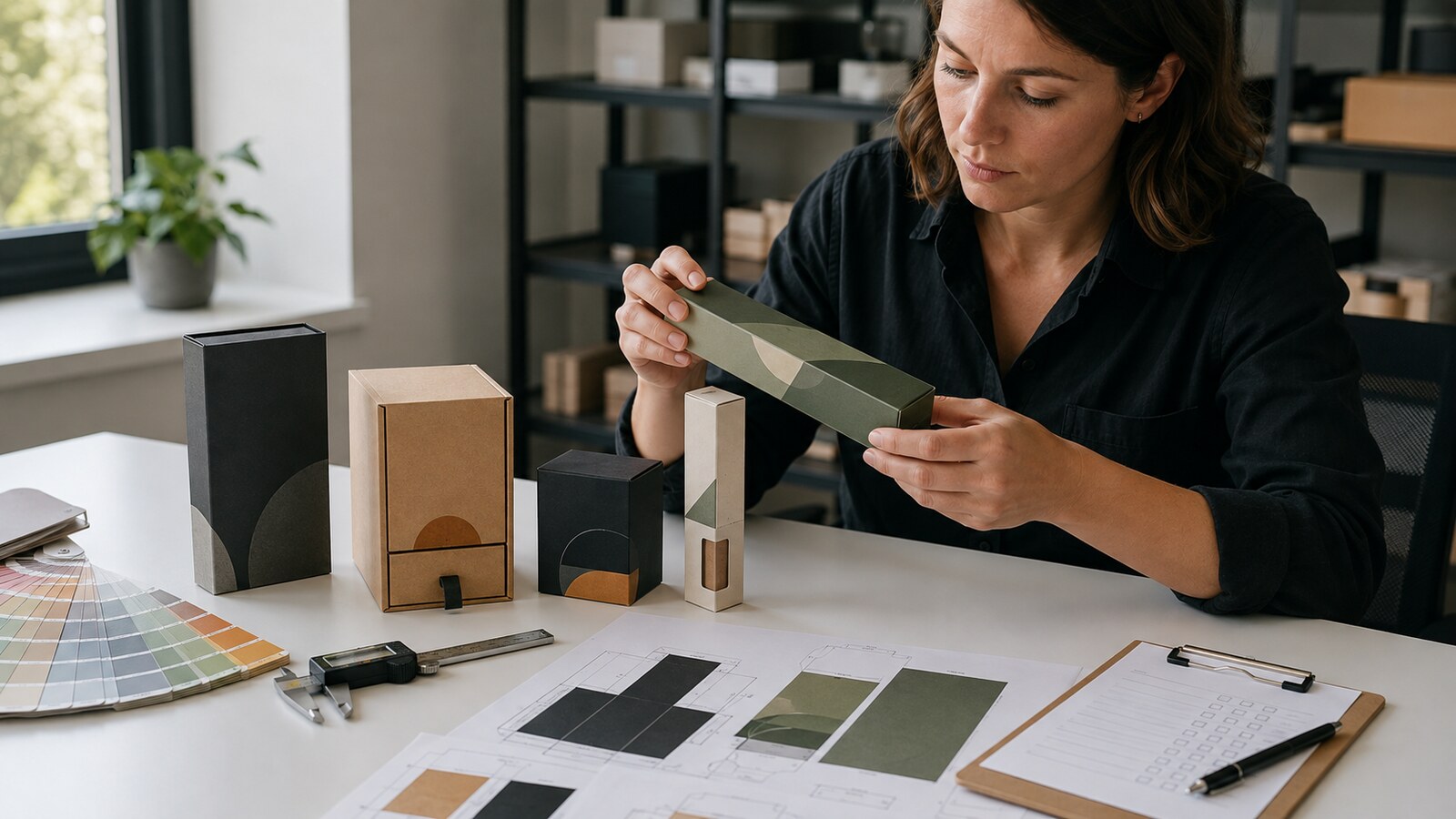 Packaging buyer inspecting cannabis packaging samples before production