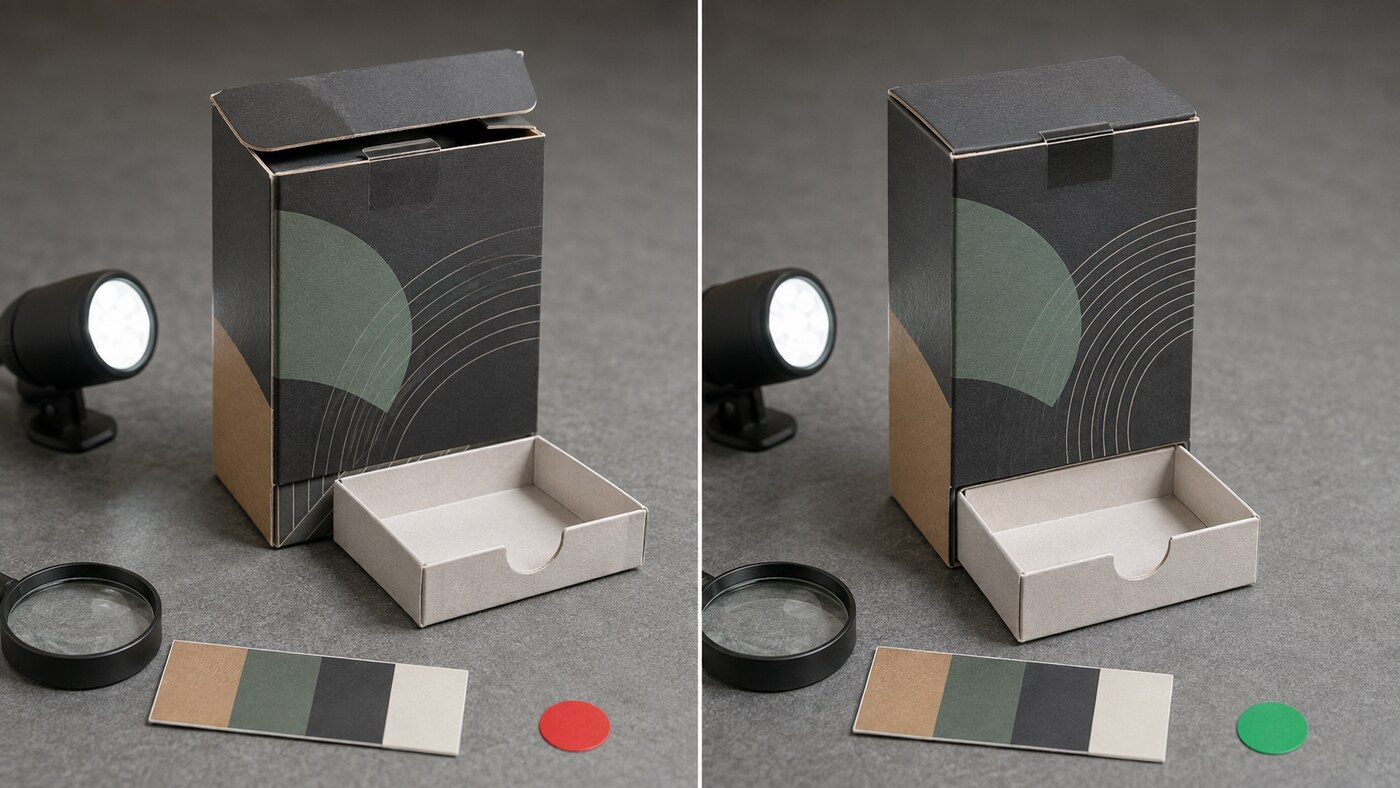 Rejected and approved cannabis packaging samples under inspection