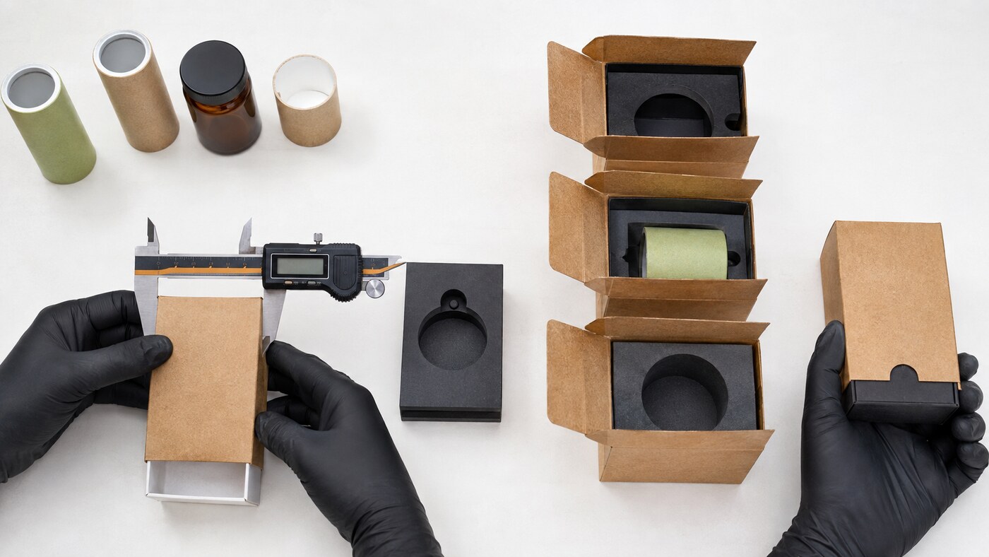 Caliper and insert fit test for a cannabis packaging sample