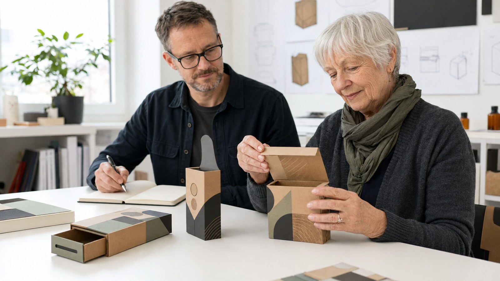 Older adult testing accessible child-resistant cannabis packaging with a designer