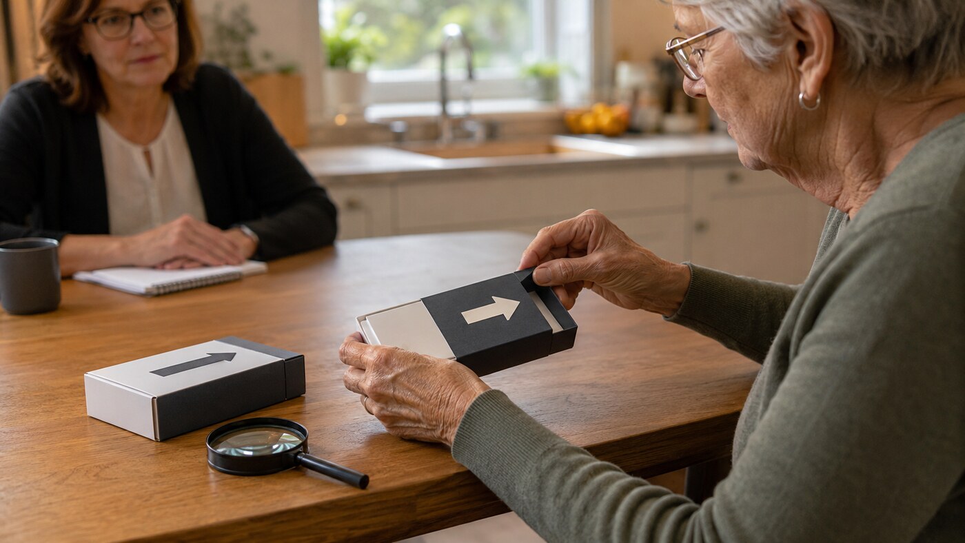 Older adult completing a child-resistant packaging usability test