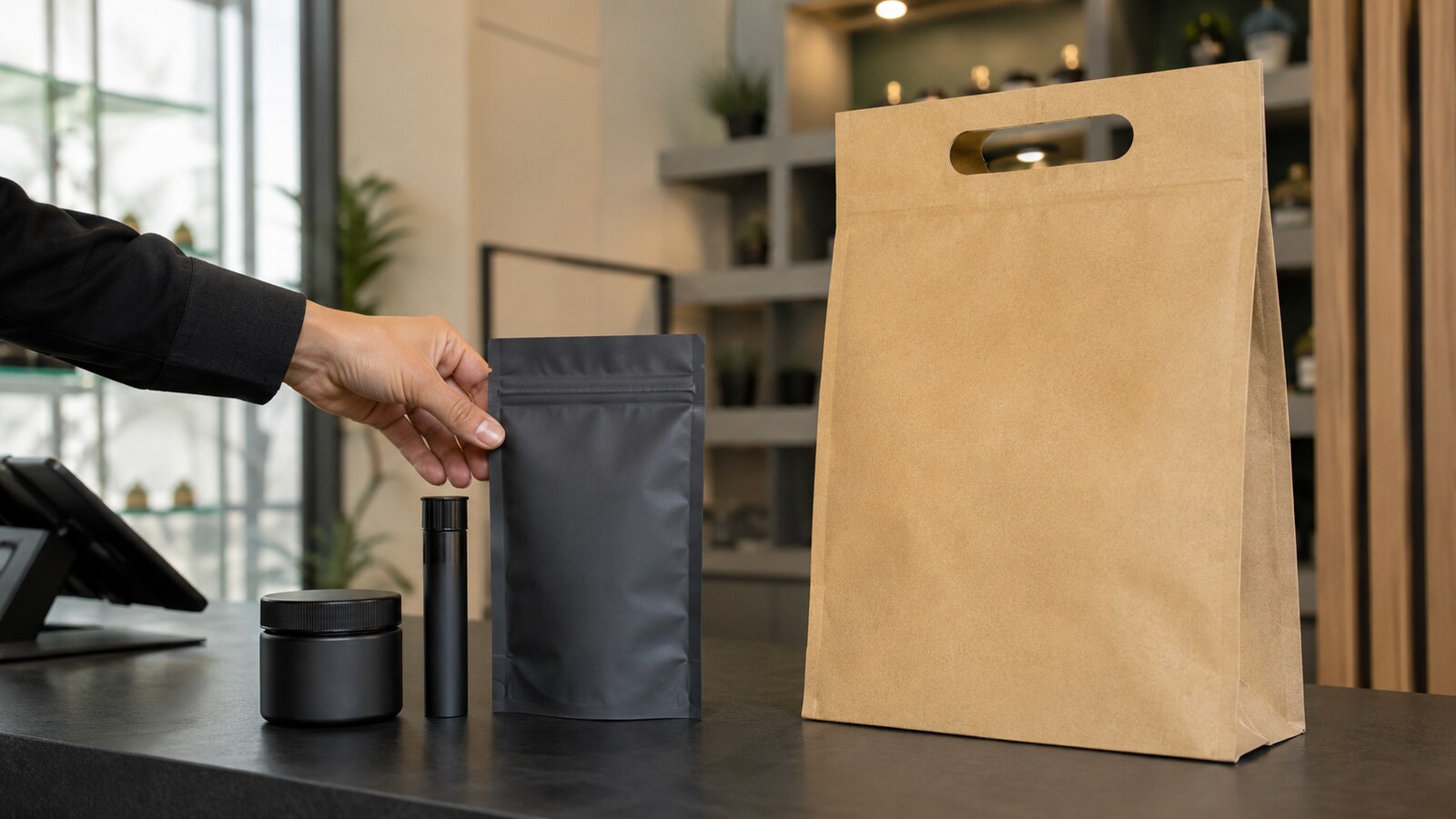 Primary cannabis packages beside an opaque exit bag at a dispensary checkout