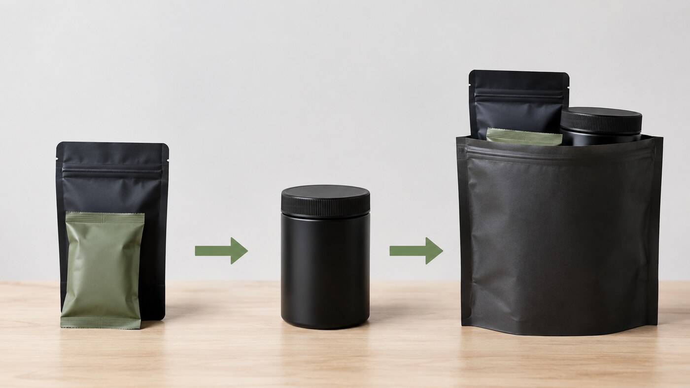 Visual comparison of primary cannabis packaging and an outer exit bag