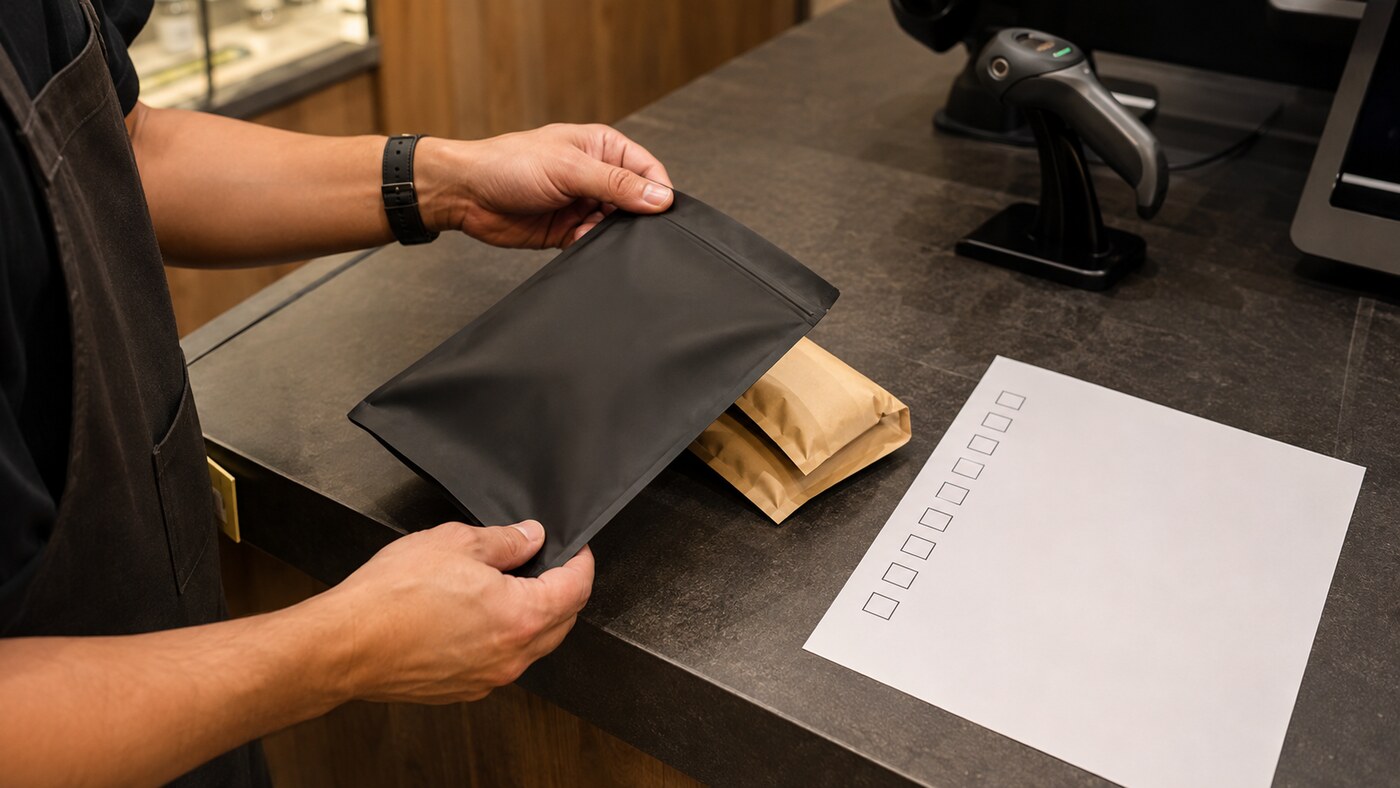 Dispensary staff checking an opaque exit bag before completing an order