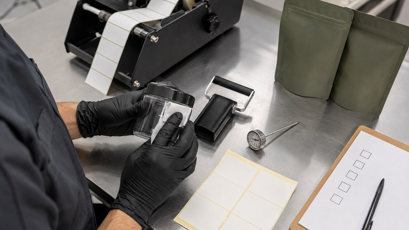 Technician preparing a jar and tools for controlled label application