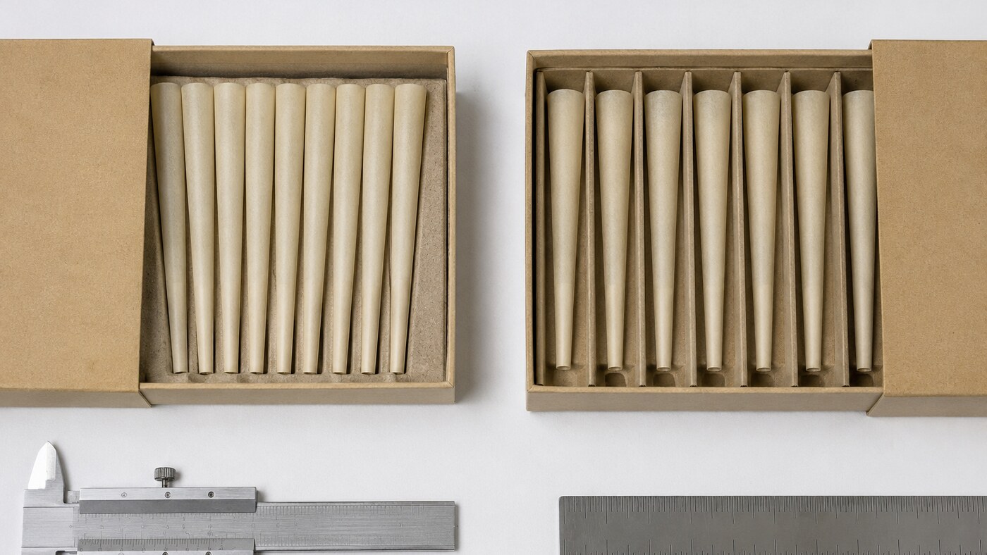 Side-by-side comparison of crowded and individually divided pre-roll box inserts