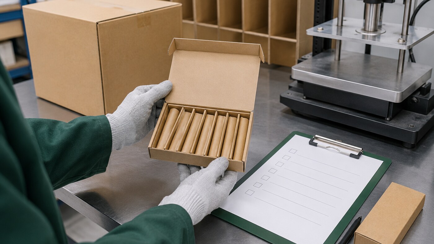 Packaging technician inspecting divided pre-roll boxes after a transit test