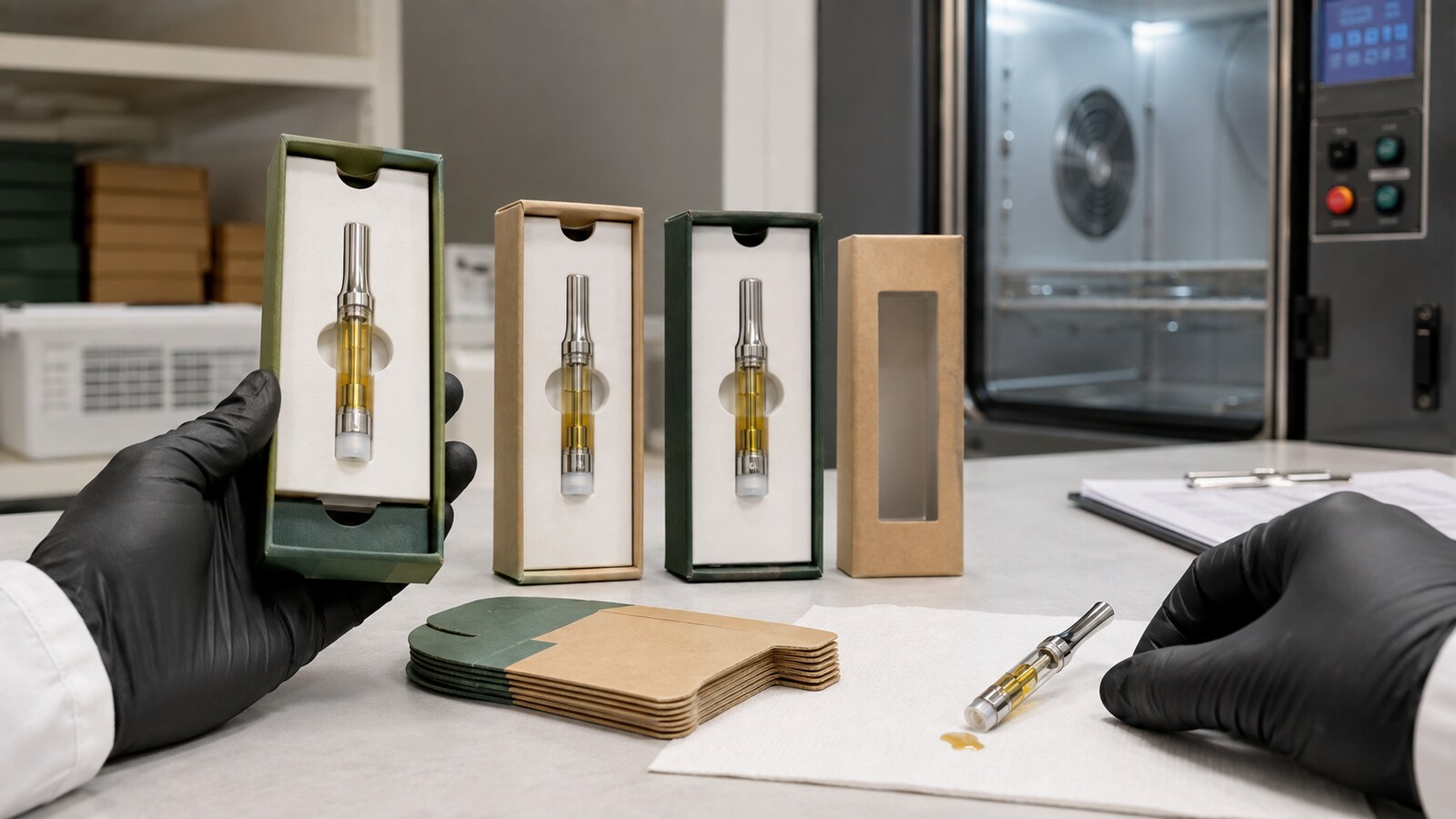 Vape cartridge packaging leak prevention inspection at a quality-control bench