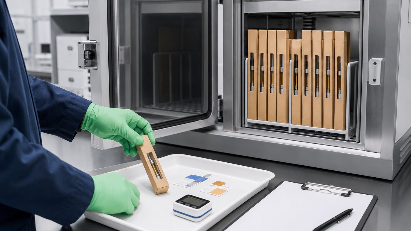 Technician removing upright vape cartridge packages from a controlled warm-storage chamber