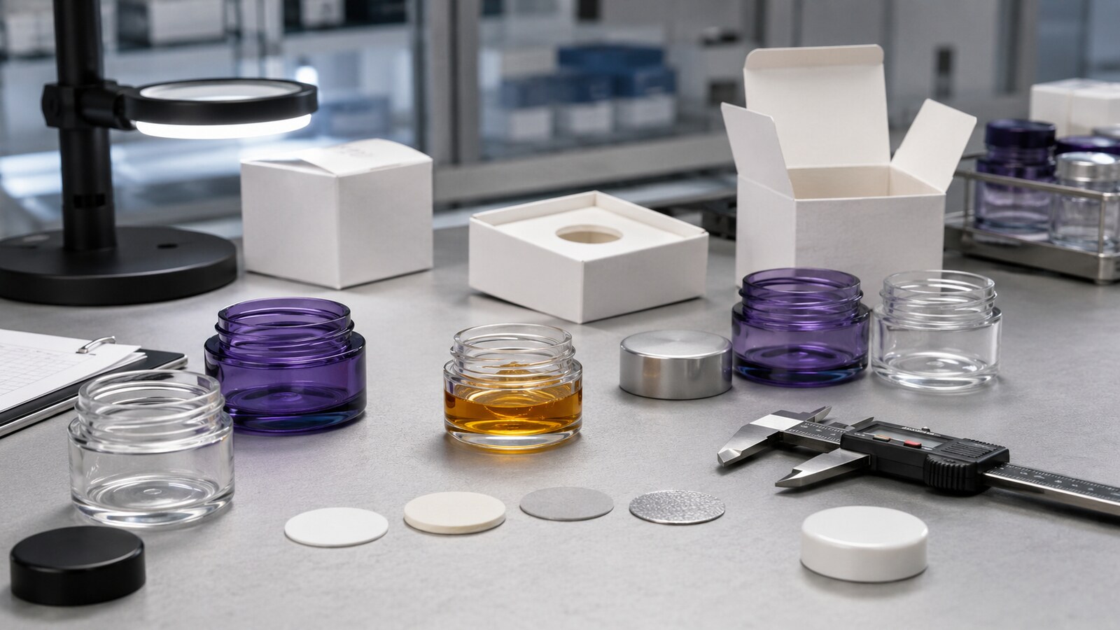 Generic concentrate jars, lid liners, and secondary boxes arranged for packaging compatibility review