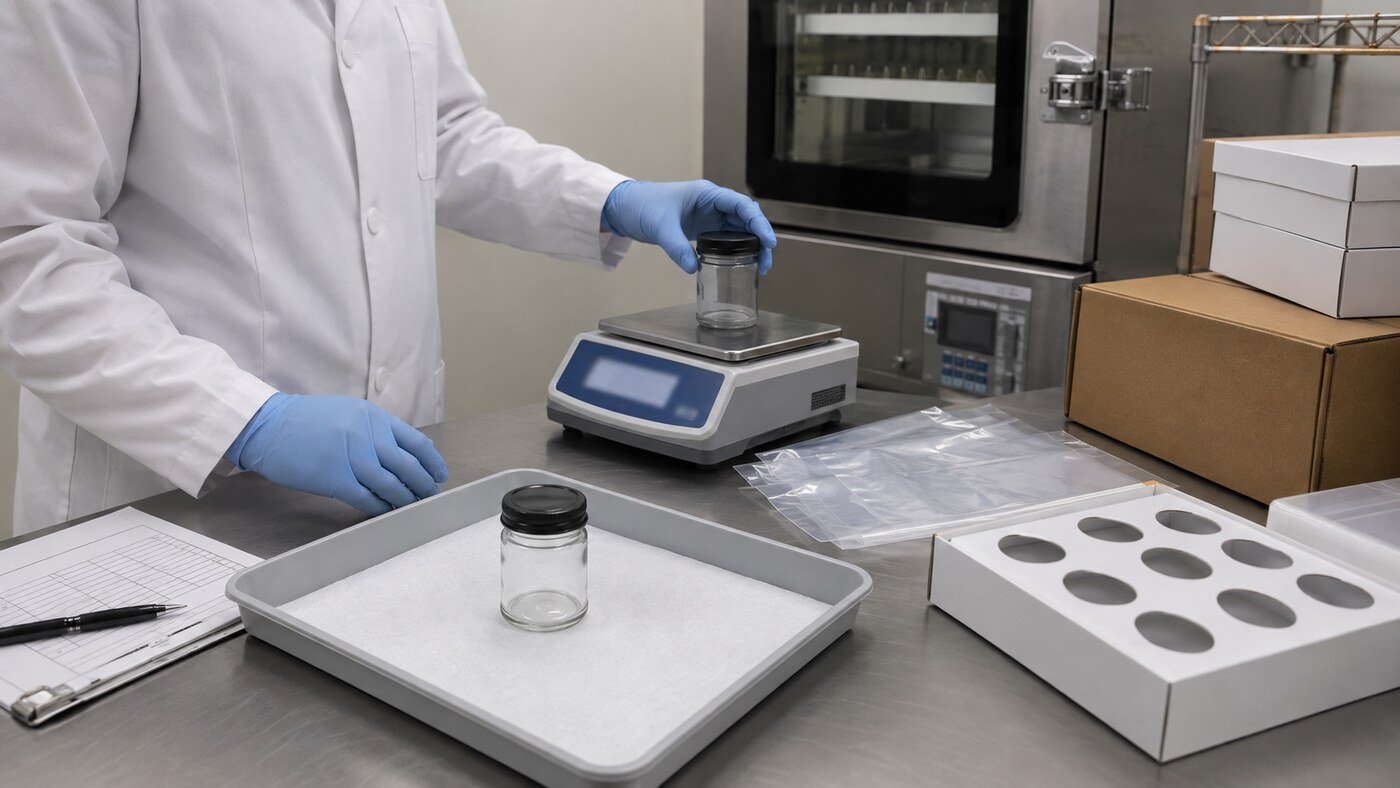 Technician weighing and inverting sealed generic jars during a controlled packaging compatibility screen