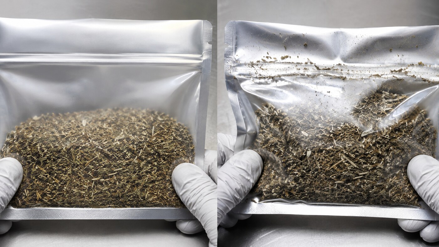 Comparison of a clean pouch seal zone and a seal zone contaminated by dry botanical material