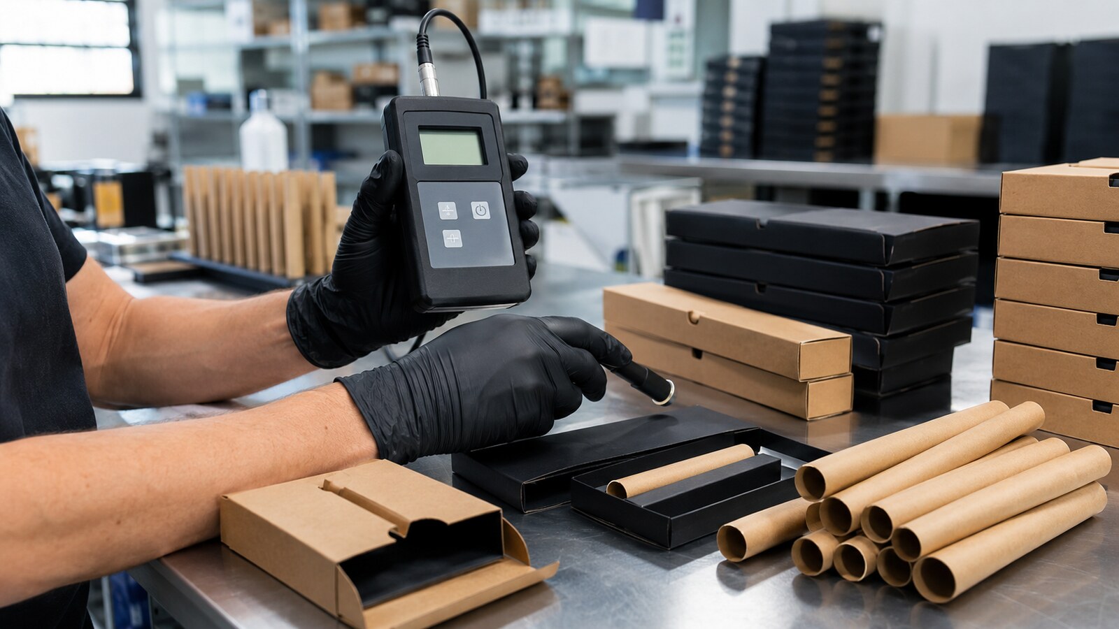 Technician measuring static electricity around empty pre-roll packaging components