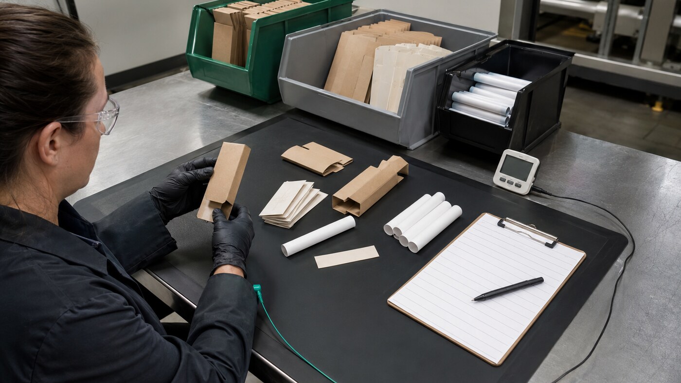 Technician comparing empty pre-roll packaging samples at a grounded troubleshooting workstation