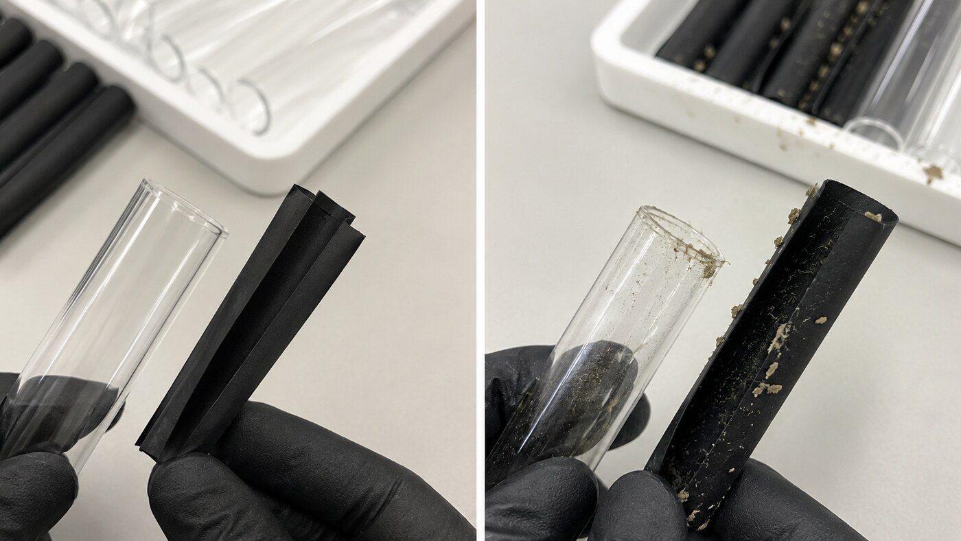 Clean packaging components compared with components holding dust and crumbs from static attraction