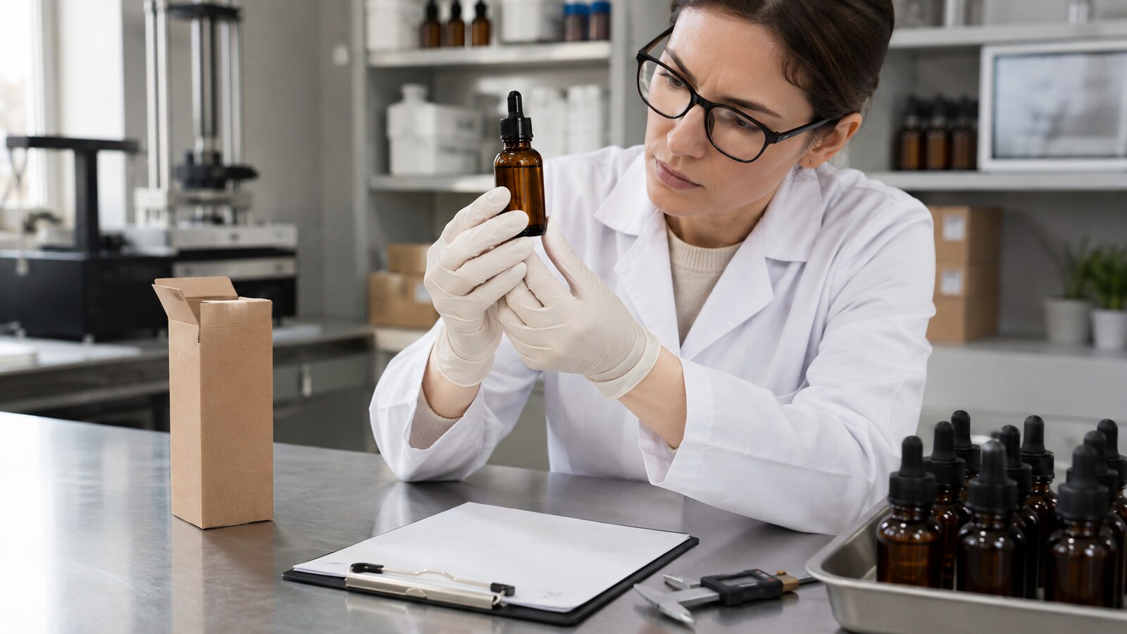 Technician inspecting an amber tincture dropper bottle and plain paper carton