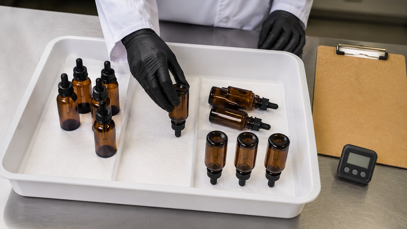 Closed amber tincture bottles arranged for upright, side, and inverted leak testing