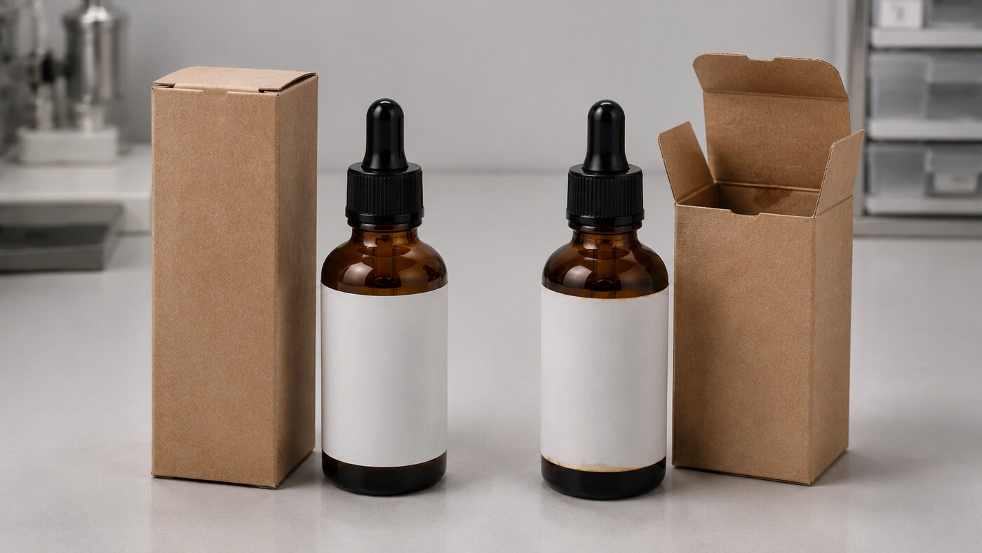 Dry tincture bottle package beside a sample with label and carton staining from leakage