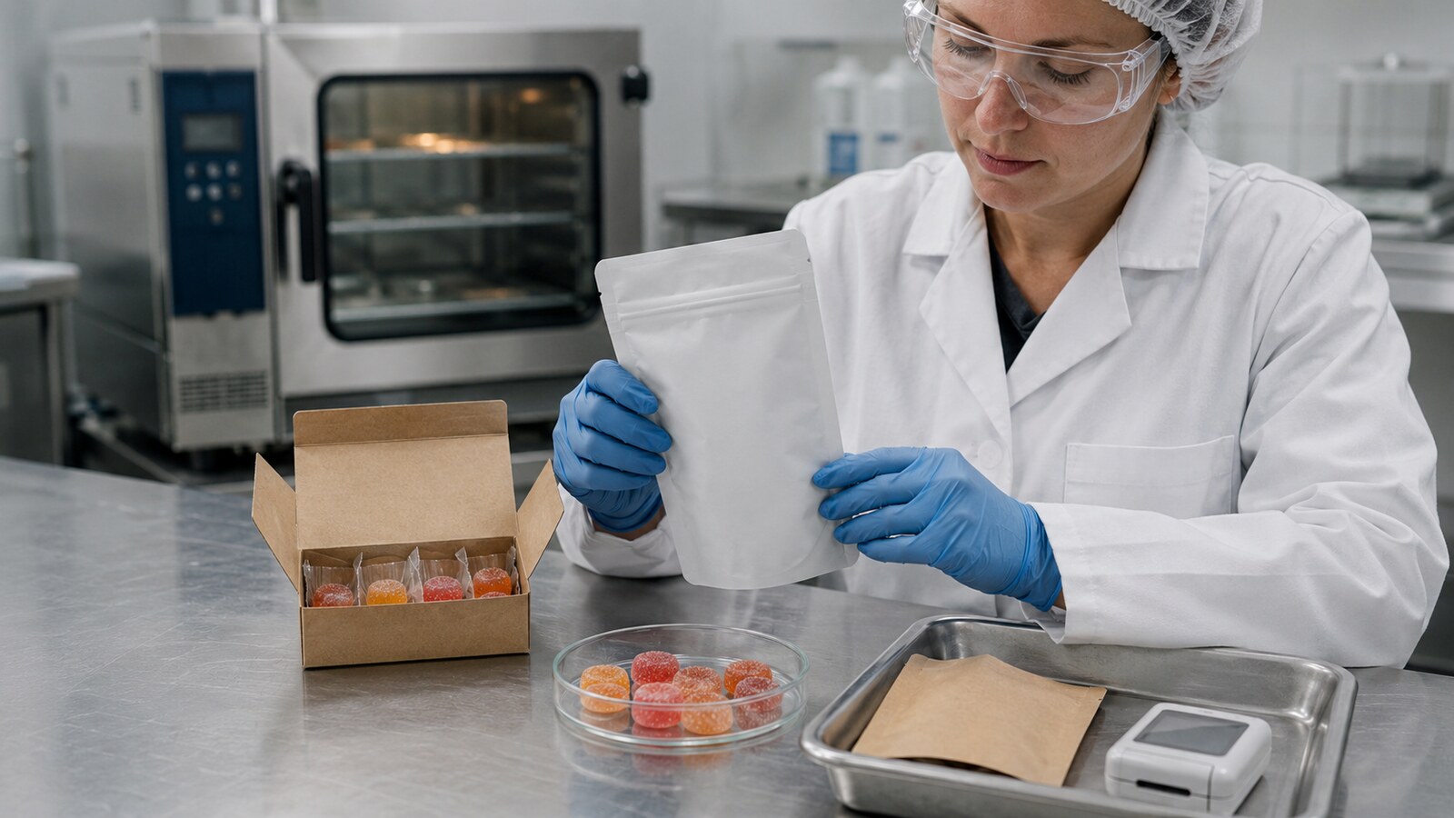 Packaging technician inspecting an unbranded gummy pouch and paper carton after warm conditioning