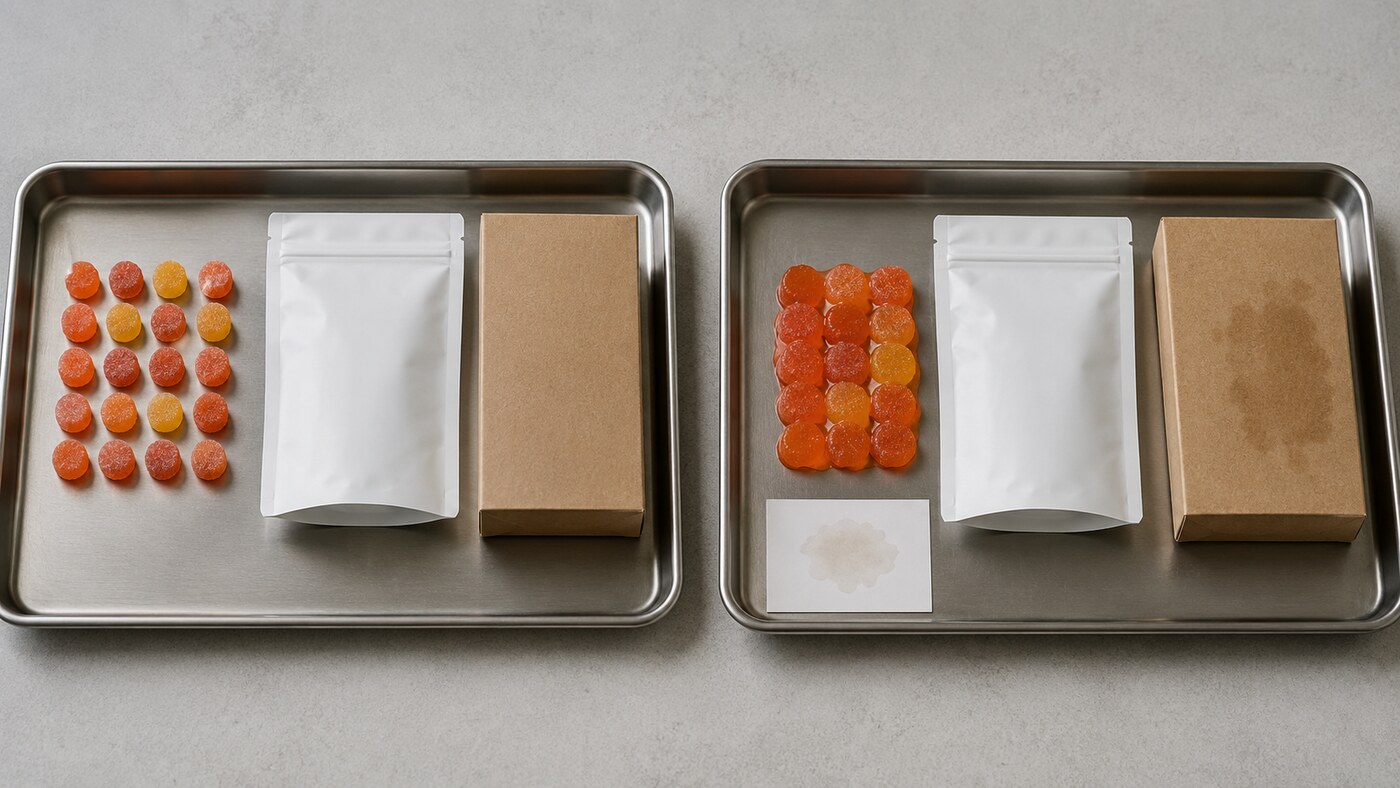 Separated gummy package beside a warm-exposed sample with clumping and carton staining