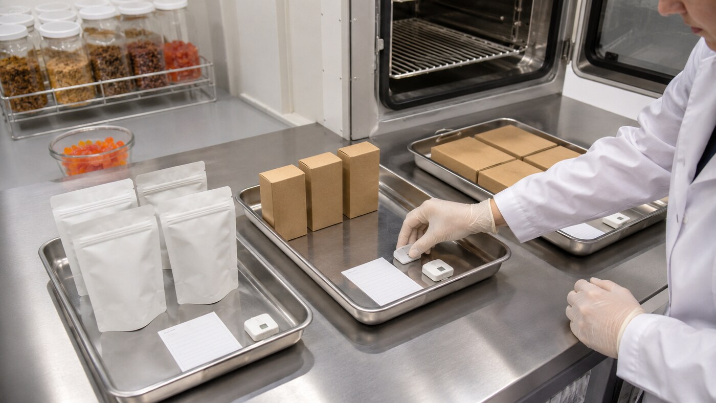 Sealed gummy pouches and plain cartons arranged for controlled warm-condition testing