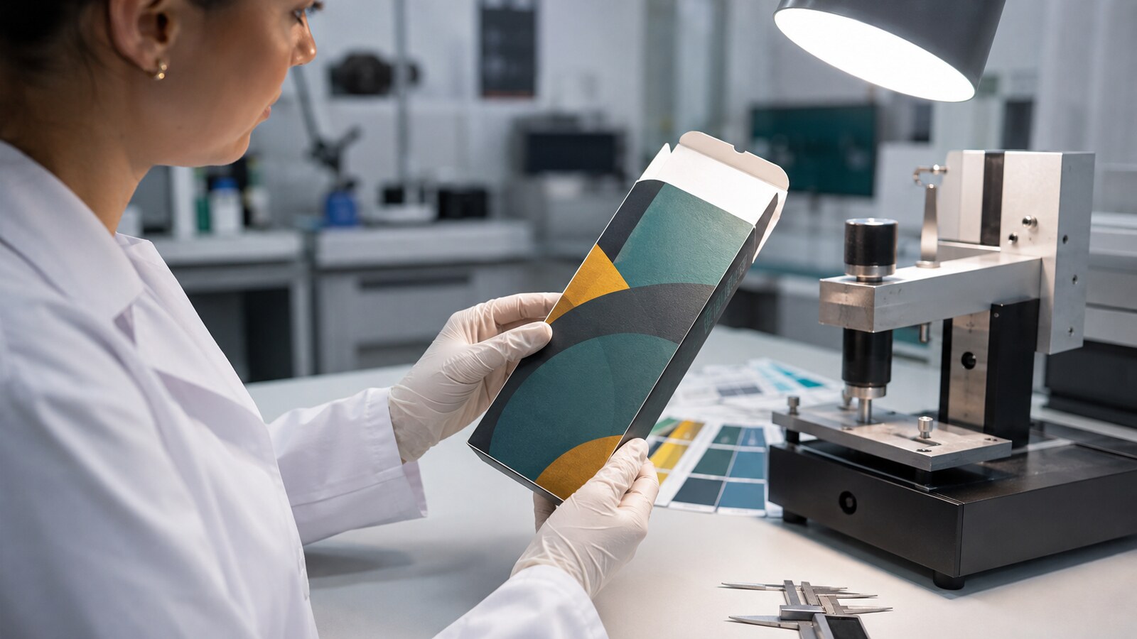 Technician inspecting a printed carton beside a packaging rub tester
