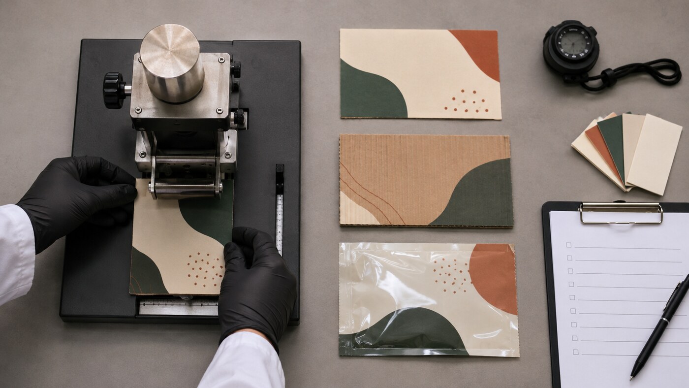 Top-down view of a controlled packaging abrasion test with paperboard and film samples