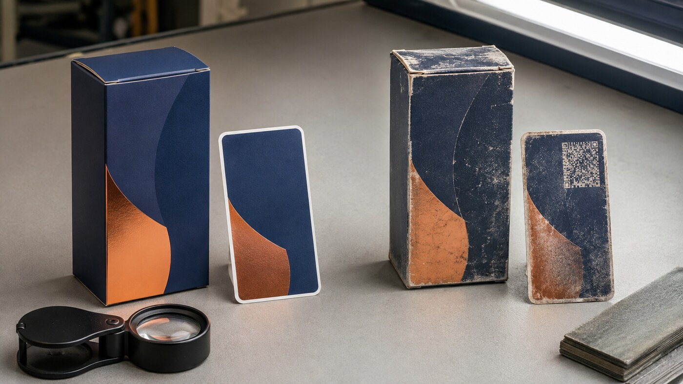 Clean and heavily scuffed printed packaging samples shown side by side
