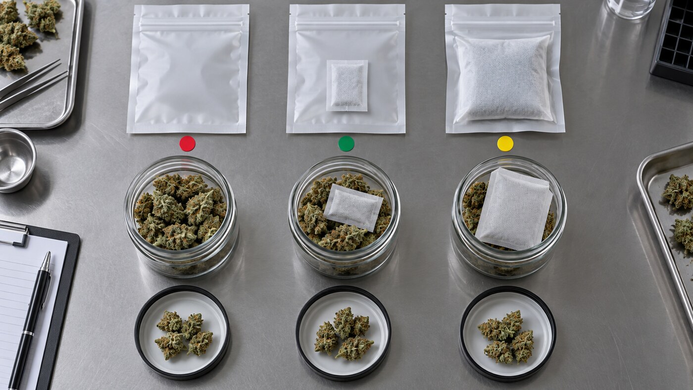Comparison of cannabis flower packages without a humidity pack and with different packet sizes