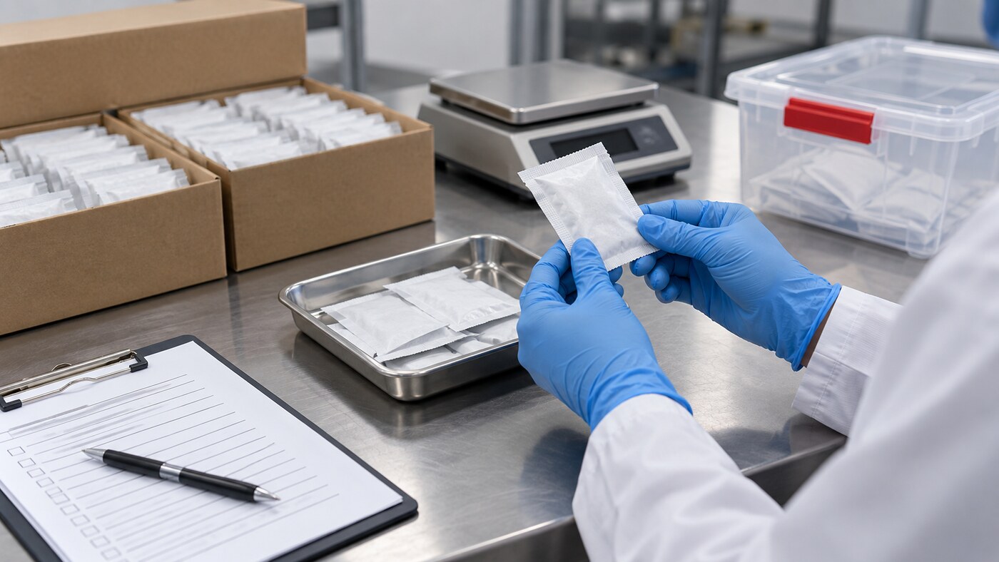 Quality technician inspecting an unbranded humidity packet before cannabis packaging